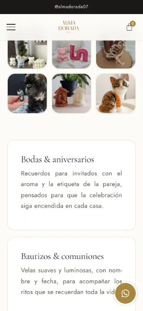 Galería de clientes y sección «Bodas y aniversarios» de Alma Dorada en celular.