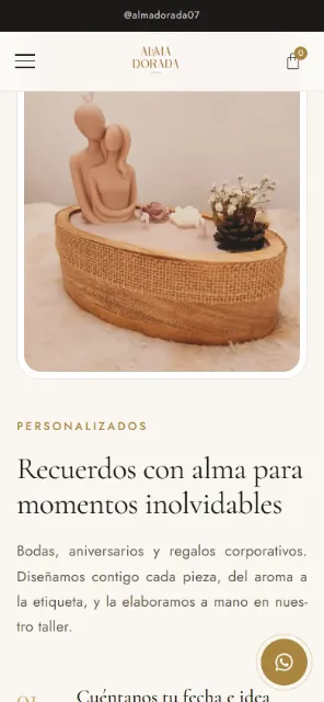 Sección «Recuerdos con alma para momentos inolvidables» de Alma Dorada en celular.
