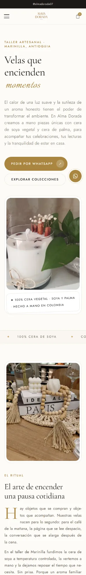 Recorrido por la versión para celular de Alma Dorada: portada, foto de una vela con canela y la sección «El arte de encender».