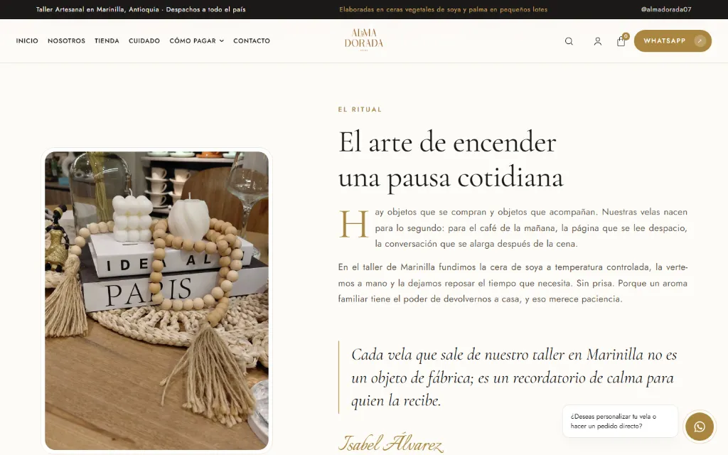 Sección «El arte de encender» de Alma Dorada, con texto en serif y foto de velas decorativas.