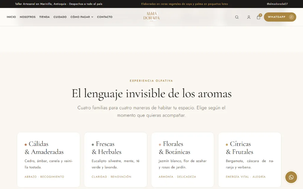 Sección «El lenguaje invisible de los aromas» de Alma Dorada, con cuatro familias de aromas.