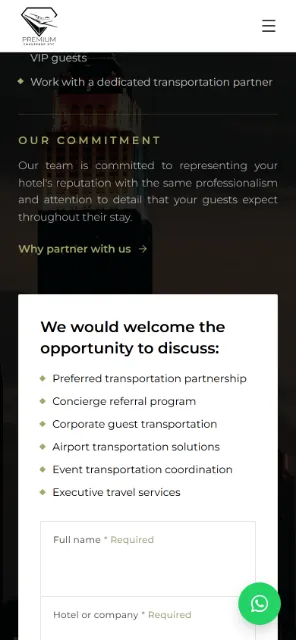 Sección para hoteles de Premium Chauffeur NYC en celular.
