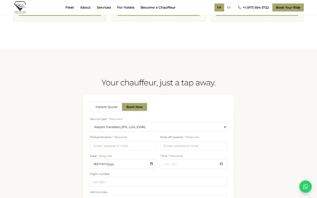 Formulario de reserva «Your chauffeur, just a tap away» de Premium Chauffeur NYC.