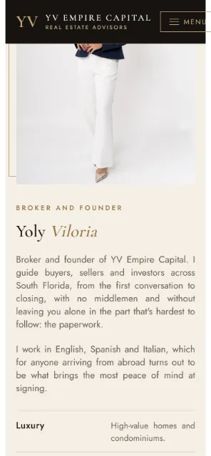 Presentación de la asesora de YV Empire Capital en celular.