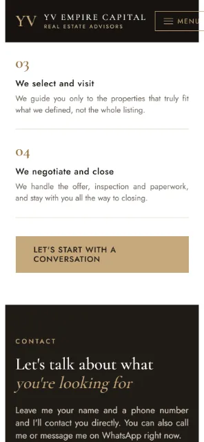 Pasos de trabajo y contacto de YV Empire Capital en celular.